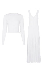 Jackie White Ribbed Knit Maxi Dress & Cardigan Set