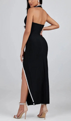 Aglaia Black Pearl Halter Maxi Dress with High Slit