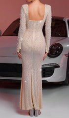 Kaci Pearl & Sequin Beaded Long Sleeve Maxi Gown