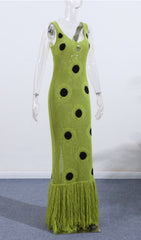 Gaelion Vibrant Green Polka Dot Fringe Knitted Midi Dress