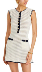 Chic White Crochet Mini Dress with Navy Trim & Gold Buttons