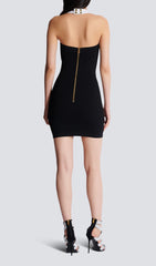Clotho Chic Black & White Halter Mini Bandage Dress with Gold Buttons