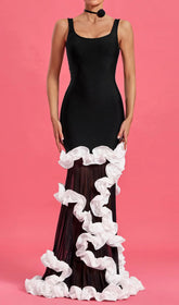 Feline Black Ruffled Sheer Mesh Maxi Dress