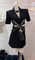 Farida Black Diamante Bow Mini Blazer Dress