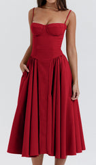Dextra Radiant Red Strappy Bustier A-Line Midi Dress