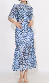 Dympna Chic Blue Leopard Print Embellished Midi Shirt Dress