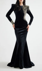 Jovia Black Velvet Beaded Maxi Gown