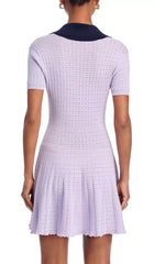 Chic Lilac Pointelle Knit Mini Polo Dress with Pearl Buttons