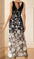 Eolande Black 3D Floral Applique V-Neck Maxi Dress