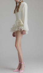 Darion White Glamorous Corset Mini Dress with 3D Floral & Voluminous Sleeves