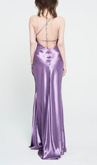 Faith Glamorous Purple Satin Halter Backless Maxi Gown with Thigh Slit