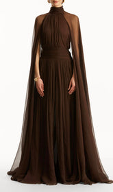 Franz Ethereal Coffee Brown Mesh Cape Maxi Dress