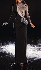 Faye Leopard & Black Asymmetrical Maxi Dress with 3D Rosettes