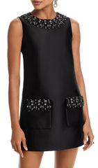 Black Taffeta Embellished Mini Dress