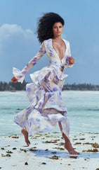 Enfys Blue Dreamy Floral Tiered Maxi Dress with Bell Sleeves