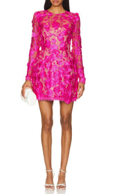 Iban Hot Pink Floral Embroidered Long Sleeve Mini Dress