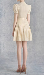 Cemile Chic Pleated Eyelet Mini Dress with 3D Floral Details