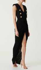 Delphia Black Gold Button Slit Maxi Dress