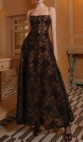 Jora Black Plush Floral Maxi Gown