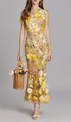 Elegant Yellow Floral Embroidered Sheer Mesh Fishtail Midi Dress