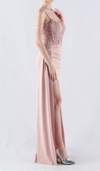 Elegant Blush Pink Beaded Corset Maxi Dress