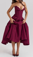 Devani Wine Strapless Corset Midi Dress