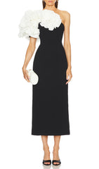 Elegant Black & White One Shoulder Ruffle Maxi Dress