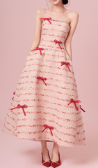 Ganya Luxe Tweed Strapless Midi Dress with Pearl & Bow Accents