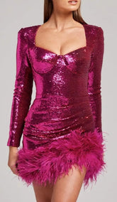 Fuchsia Sequin Feather Mini Dress