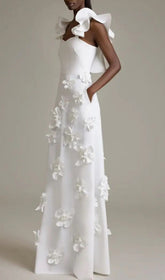 Bracha Whimsical 3D Floral Maxi Dress with Asymmetrical Ruffle & Pockets