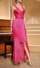 Eliora Hot Pink Tassel Bandage Maxi Dress