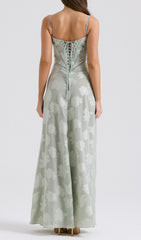 Billie Elegant Pistachio Floral Maxi Dress with Corset Lace-Up Back