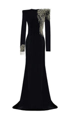Jovia Black Velvet Beaded Maxi Gown