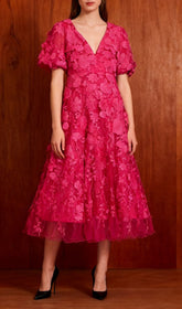 Enchanting Ilka Pink Floral Embroidered Midi Dress for Women