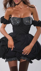 Delise Dazzling Black Rhinestone Off-Shoulder Mini Dress