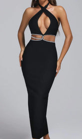 Glamorous Halter Rhinestone Midi Bandage Dress