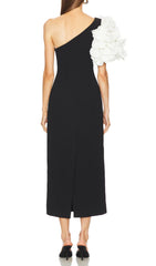 Elegant Black & White One Shoulder Ruffle Maxi Dress