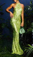 Lajita Dazzling Lime Green Sequin Halter Maxi Dress