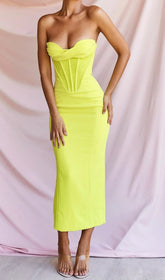 Neon Yellow Strapless Corset Bandage Midi Dress