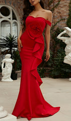 Stunning Red Off-Shoulder Floral Ruffle Mermaid Maxi Gown