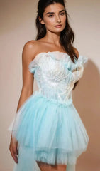 Kalene Dreamy Sky Blue Embroidered Strapless Tulle Ruffle Cocktail Dress