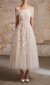 Evette Ethereal White Lace Off-Shoulder Midi Dress