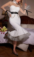 Ayesha White Polka Dot Illusion Mesh Bandage Mermaid Dress