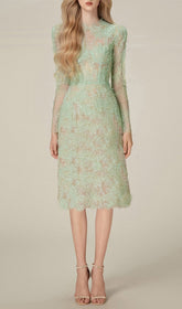 Avril Dazzling Mint Green Sequin Lace Midi Dress