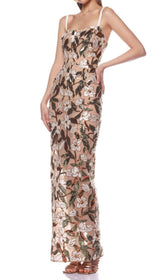 Carsen Glamorous Sequin Floral Embroidery Maxi Dress