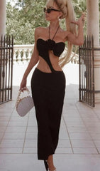 Sultry Black Halter Lace-Up Bandage Maxi Dress