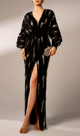 Briallen Glamour V-Neck Shimmering Gold Maxi Dress