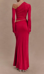 Elmarie Ruby Red One-Shoulder Maxi Skirt Set with Gold Floral Brooches
