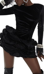 Cardea Luxe Black Crystal Feather Ruffle Mini Dress for Women