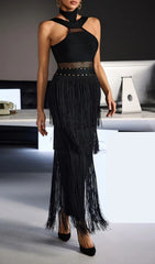 Fermin Women's Black Halterneck Bandage Fringe Midi Dress